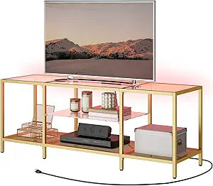 HOOBRO TV Stand with LED Lights and Power Outlets for TVs up to 65", Modern 55 Inch Tempered Glass TV Console Table with Open Shelves, Media Entertainment Center for Living Room, Gold GD145UDS01