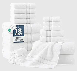 LANE LINEN Towel Set of 18  Premium 100% Cotton, Zero Twist, 6 Large Bath Towel, 6 Hand Towels & 6 Wash Cloths, Quick Dry & Long-Lasting, Perfect for Family Bathrooms, Easy Care  White Towels