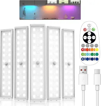 Under Cabinet Lighting,Rechargeable Motion Sensor Light Indoor Night Lights with Remote,58LED RGB under cabinet lights Bar,15Colors Wireless Under Counter Light Closet Lights for Kitchen,5pack