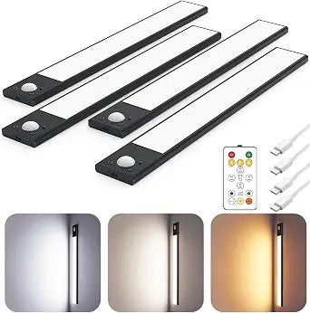 12" Under Cabinet Lighting Wireless, Remote, Motion Sensor, 4Pack, Black
