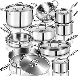EWFEN Stainless Steel Cookware Set, 3 Ply 17 Piece Stainless Steel Pot and Pan Set, Oven Dishwasher Safe | Induction Compatible Frying Pans, Saucepans, Saute Pan & Stock Pot, PFOA, PTFE & PFOS Free