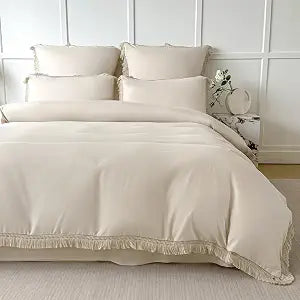 Duvet Cover King 3 Pcs Set Beige Boho Tassel Soft Microfiber