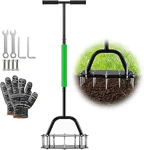 Lawn Aerator Spike Tool, 17 Iron Spikes Grass Aerator for Lawn, Manual Soil Aerator Dethatching Tool for Yard & Garden, Heavy Duty Metal Foot Aerator with T-Handle