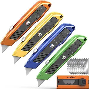 HORUSDY 4-Pack Box Cutter Utility Knife, Heavy Duty Aluminum Shell Retractable Box Cutter for Cardboard, Boxes and Cartons, Extra 10 Blades