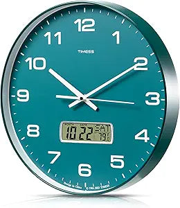 TIMESS Wall Clock, 14" Large Dial Non-Ticking Silent Battery Operated Analog with LCD Display for Perpetual Calendar and F Temperature, Ideal Modern Home, Bedroom, Kitchen, Office Decor(Green)