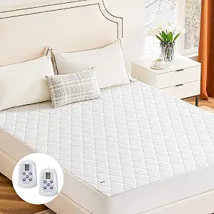 Sweetcrispy Heated Mattress Pad Queen Size, 80" & 60, White | Dual Zone Electric Bed Warmer, 12 Adjustable Heat Settings, 12Hour Auto ShutOff, Machine Washable, ETL Certified
