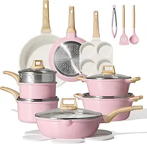 CAROTE 21 PCS Ceramic Cookware Set, Pots and Pans Set Non Stick, Pot and Pan Set with Frying pan, Induction Ready Cooking Set for Kitchen, PFOS/PFOA/PFAS Free, Pink