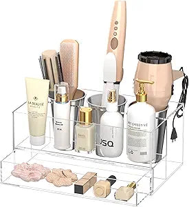 NIUBEE Hair Tool Organizer, Clear Acrylic Hair Dryer and Styling Organizer with Drawer, Bathroom Countertop Blow Dryer Holder, Vanity Caddy Storage Stand for Accessories, Makeup, Toiletries