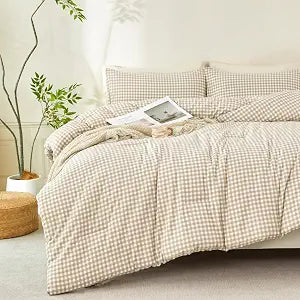 PERFEMET Full Size Gingham Comforter Set Tan
