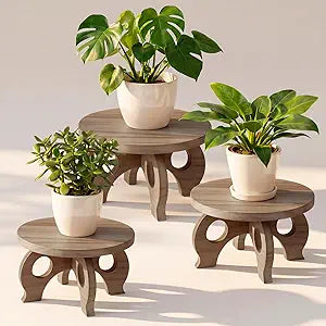Threehoney 3 Pcs Plant Stand Indoor 8/9/11" Round Wood Plant Stands Outdoor Round Risers Decorative Wooden Stool for Flowers Pedestal Board Holder for Rustic Balcony Garden Decor (Walnut Color,Low)