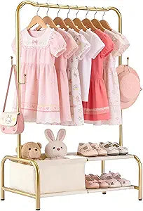 Kids Clothing Rack-Portable Kids Clothing Rack with Storage Shelf - Toddler Garment Organizer for Baby Clothes, Dance Costumes, Girls Gift Ideas(gold)
