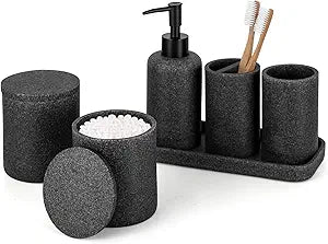 ZCCZ Black Stone Bathroom Accessories Set 6 Pieces - Toothbrush Holder, Lotion Dispenser, Qtip Container, Vanity Tray, Tumbler - Countertop Organizer for Bathrooms - Elegant and Functional Dcor Set