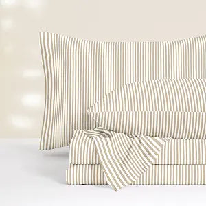 Wake In Cloud - Striped Bed Sheets, 4-Piece Sheet Set, Ticking Vertical Pin Stripe Modern Farmhouse Pattern Printed Bedding, Deep Pocket, Light Brown White, Queen Size