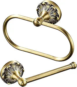Antique Brass Toilet Paper Holder Set, Retro Brass Towel Ring and Tissue Roll Paper Hanger, Vintage Bathroom Hardware Set, Wall Mounted Bathroom Accessories