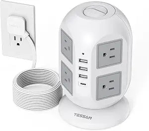 TESSAN Tower Power Strip 10 ft, Long Flat Extension Cord Multiple Outlets