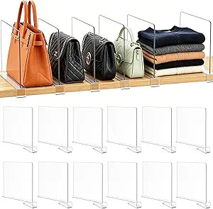 Acrylic Shelf Dividers for Closet Organization: Clear Handbag Purse Organizer for Closet - Shelf Separators for Sweater Sweatshirt Clothes Towel in Bedroom Kitchen, 12Pack