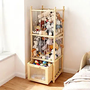 Stuffed Animal Storage with Clear-View Drawer, Wooden Stuffed Animal Zoo Organizer for Nursery & Playroom, Holder for Plush Toys,Balls,Blocks,Wooden Home Decor