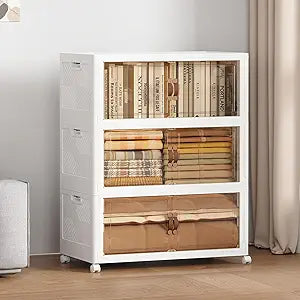 SAILUN 146QT/36Gal Stackable Storage Bins with a Lid, Collapsible Storage Bins With Doors, Folding Cabinet for Home Closet Organization,3 Pack-19.7" W x 12.6" D x 34" H White