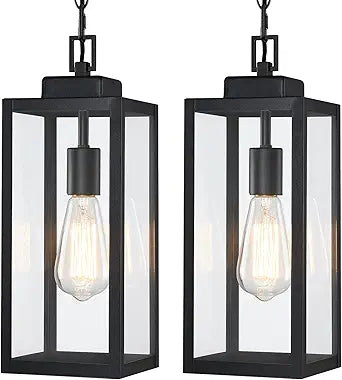 2 Packs 15'' Large Outdoor Pendant Light, Modern Outside Chandelier Outdoor Hanging Lantern Light, Matte Black with Clear Glass, Exterior Pendant Lighting Fixture Ceiling Mount for Porch, Gazebo