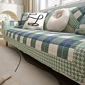 vctops Farmhouse Buffalo Check Plaid Cotton Sofa Couch Cover Patchwork Quilted Sectional Couch Covers Non-Slip Soft Sofa Slipcover Washable Furniture Protector for Living Room (Green Blue,28"x70")