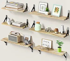 AMADA HOMEFURNISHING Long Wall Shelves, Rustic Farmhouse Style, Wood Floating Shelves for Wall Decor, Bathroom & Bedroom Storage, Living Room Book Shelves, 6pcs