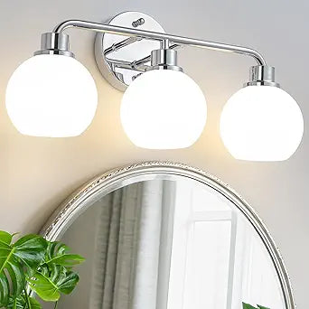 Chrome Vanity Light Bathroom Light Fixtures Over Mirror 3 Light Wall Sconces Lighting Silver Lights with Milk Globe Glass Shades Bath Wall Lamp for Mirror Kitchen Living Room Bedroom Hallway