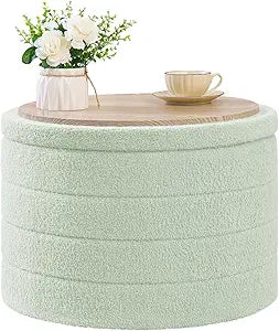 B FSOBEIIALEO Ottoman with Stroage, Round Sherpa Storage Ottoman Stool, Boucle Foot Rest22 x 22"x15.75"Green