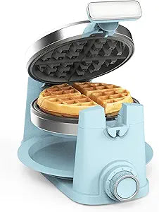 Martha Stewart Rotating Waffle Maker, 180 Flip Iron with PFAS-Free Nonstick Plates, Adjustable Timer, Ready Light, Drip Tray, Space Saving, Classic Round 7, Easy to Clean, Stainless Steel, Sky Blue