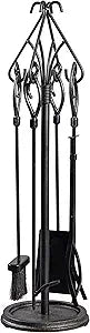 Plow & Hearth Gothic 5 Piece Fireplace Tool Set with Poker Tongs Shovel Broom and Stand | 32.5" H | Black Wrought Iron Handle for Outdoor Indoor | Wood Stove Firepit Accessory