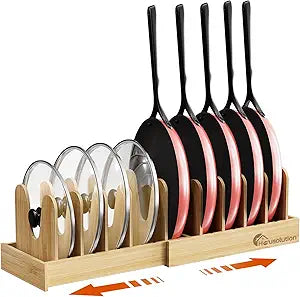 Housolution Bamboo Pot and Pan Organizer for Cabinet, 15"-29" Expandable Pot Lid Organizer with 10 Adjustable Dividers, Wooden Pan Holder Storage Rack, Fully Expanded Size 29.5" W x 8" D x 7.5" H
