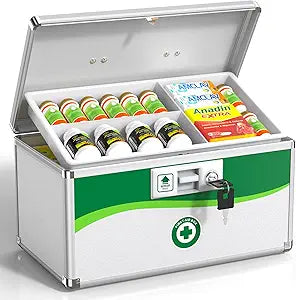 Medicine Lock Box, First Aid Safe Medication Storage Box, Layered Aluminum Daily Medicine Lockable Box with Key (Size-Large 14 * 8.5 * 7.5inch)