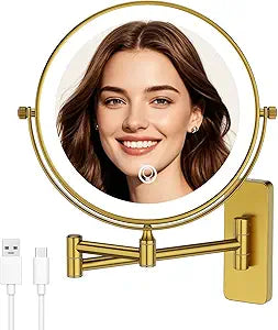 GURUN 8" Wall Mounted Makeup Mirror,Magnifying Dual-Side Mirror,| 360 Rotation & Extended Arm Bathroom Mirror| 14" L x 14" W Retro Gold-led Light 7X M1406DGJ(8",7X)