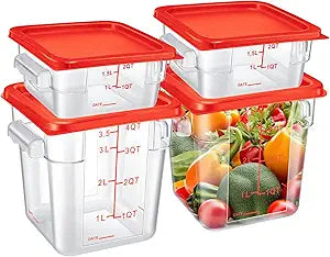 Barydat 4 Pcs Square Food Storage Containers with Lids Measurement Scales, 2qt & 4qt Clear Plastic Stackable Containers for Dough Proofing Baking Kitchen Restaurant and Pantry Organization(Red)