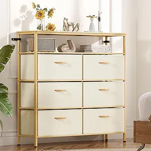 Solid Wood Dresser, Dresser with 6 Drawers, Solid Bamboo Frame Paired with Fabric Storage Boxes, Large Capacity, Stable and Durable, Versatile Style, for Bedrooms, Living Rooms, and Hallways