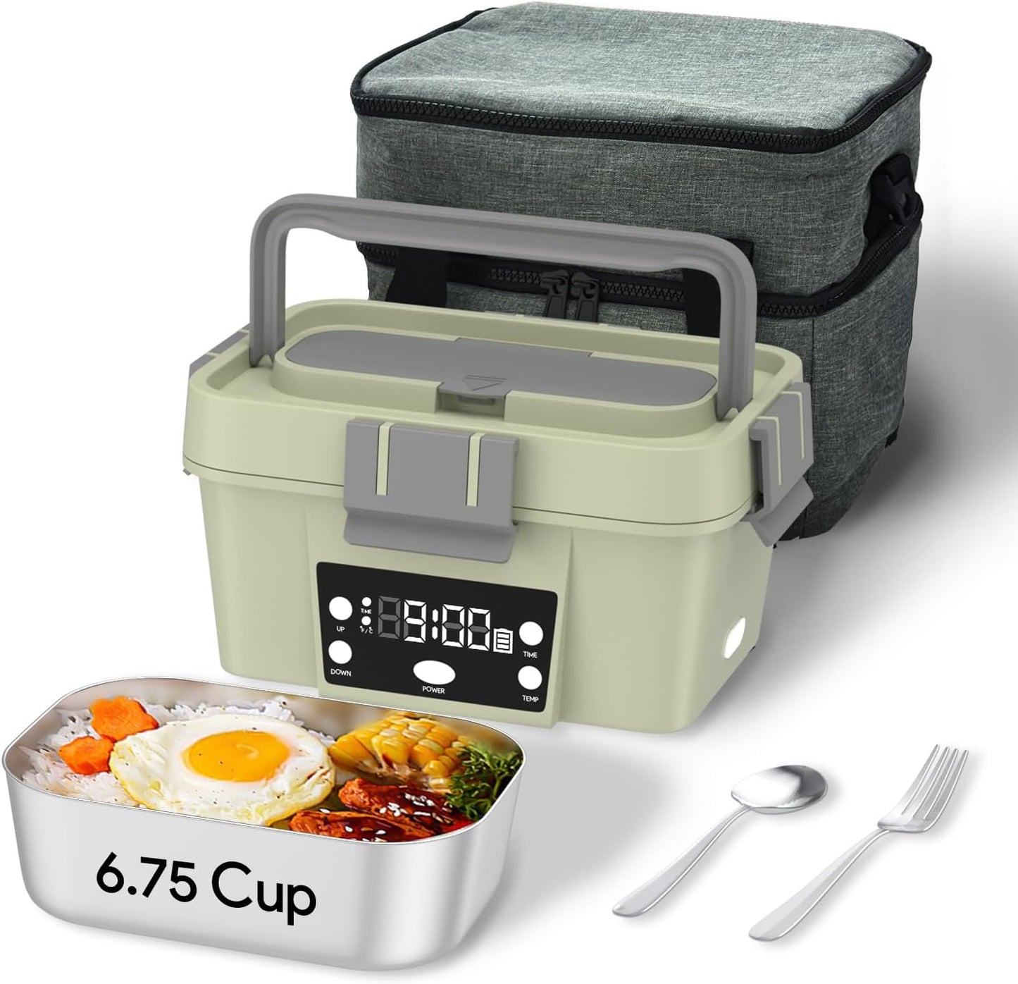 VISOM Electric Lunch Box, 6.75 Cup Automatic Food Warmer (212 F), Rechargeable Portable Heated Meal Container for Office, Travel, Outdoor (pale green)