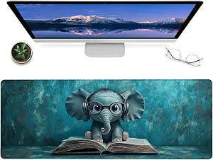 Cute Elephant Gaming Mouse Pad  12x31.5in Large Extended Desk Mat with Reading a Book Design  Non-Slip Rubber Mousepad for Office Home  Deskmat Gifts for Library Lovers Decor
