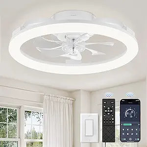 LEDIARY 20 Inch Low Profile Ceiling Fans with Lights and Remote, Dimmable Modern Fan Light(3000K-6000K), 6 Speed, Reversible, APP & Remote Control, Flush Mount Ceiling Fan for Bedroom, White