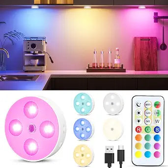 HOMEBEST RGB Puck Lights with Remote & Motion Sensor  1500mAh Rechargeable Under Cabinet Lighting for Kitchen, Closet & Stairs  13 Colors, Magnetic Stick-On Lights, 6 Pack