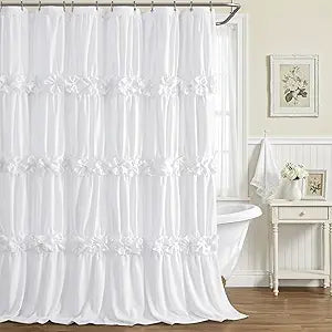 Ruffle Shower Curtain with Handmade Bow Tie, White Linen Vintage Farmhouse Shower Curtain for Bathroom, 72" W x 78" H