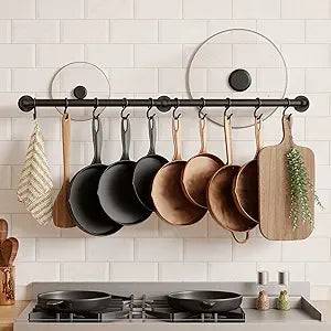 KES 130lb High-Capacity 32 Inch Pot Rack Wall Mounted with 3X Thick Tube, Pot and Pan Hanger with 10 Hooks for Cast Iron Utensil, Kitchen Pot Rail with Drilling Template for 16" Stud Mount, Black