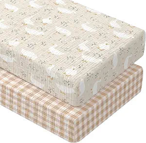 Breling 2 Pcs Muslin Silly Goose and Khaki Gingham Crib Sheets for Girl Soft and Breathable 100% Brown Plaid Cotton Crib Baby Bed Sheets Fitted Mattress Cover for 52''x 28'' Standard Mattress Size