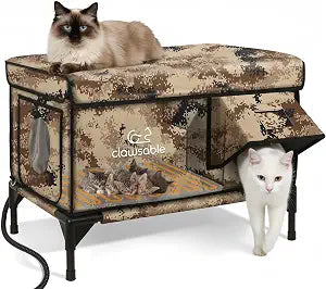 Sturdy Outdoor Heated Cat House for Winter, Insulated Heated Cat House for Outside with Two Door, Feral Cat Shelter with Waterproof Awning, Outdoor Cat House Barn Stray Kitty