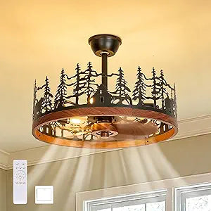23.6 Inch Farmhouse Rustic Ceiling Fans with Lights, Vintage Walnut Wheels Flush Mount Bladeless Chandeliers Fan, Adjustable Height, Black Caged Fandelier Ceiling Fan Light for Living Room