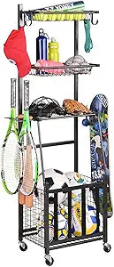 PLKOW Sports Equipment Storage for Garage, Indoor/Outdoor Sports Rack for Garage, Ball Storage Garage Organizer with Basket and Hooks,Toy/Sports Gear Storage