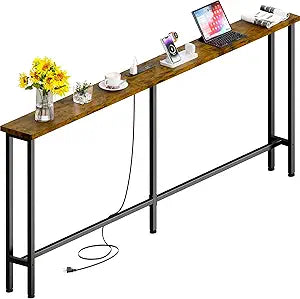 GRLEAF 70" Sofa Table with Built-in Power Strip (2 AC Outlets & 2 USB Ports)  4.9ft Power Cord, Metal Frame, Easy Assembly, Long Couch Table Behind Sofa, Living Room and Home Office | Rustic Brown