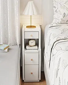Narrow Nightstand with 3 Drawers,Solid Wood Narrow Bedside Table White, Modern Skinny Nightstand for Bedroom(Fully Assembly)