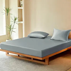 THXSILK Luxury Mulberry Silk Fitted Sheet Set 3 Pcs, Queen Silk Bed Sheet Set with 16" Deep Pockets, Soft & Cooling Sheets, 1 Fitted Sheet, 2 Pillowcases with Zipper Closure - Stone Blue