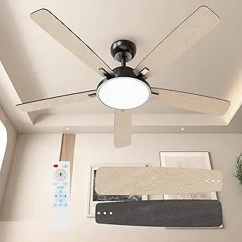 TALOYA 52 Inch Black Walnut Ceiling Fans with Lights Led Remote Control Flush Mount Low Profile for Bedroom Living Dining Room Outdoor Farmhouse,Reversible,DC Motor,Diammable,Buzzer ON/Off,5 Blades
