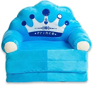 Kids Folding Chair  Plush Royal Crown Fold Out Chair Bed for Toddlers  Soft Kid Couch for Boys  Lightweight Washable Kids Furniture for Bedroom, Playroom, or Travel (Blue)