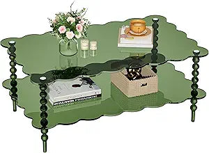 Acrylic Coffee Table, 2-Tier Living Room Table with Storage, Center Table Mid-Modern Century for Living Room, Easy to Assemble (Green, 37.823.615.7)